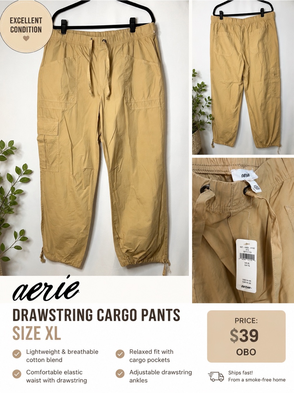 aerie Men's Drawstring Cargo Pants — Khaki/Tan